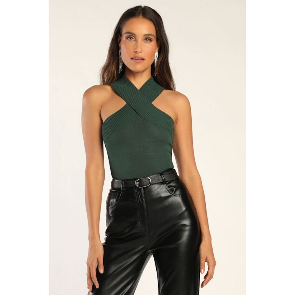 Lulus Don't Cross Me Emerald Green Sweater Knit Sleeveless Bodysuit - Size S